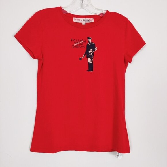 Guess x Brandalised Graffiti Banksy Canceled Dreams Graffiti Tee Sultry Red NEW - Picture 3 of 13